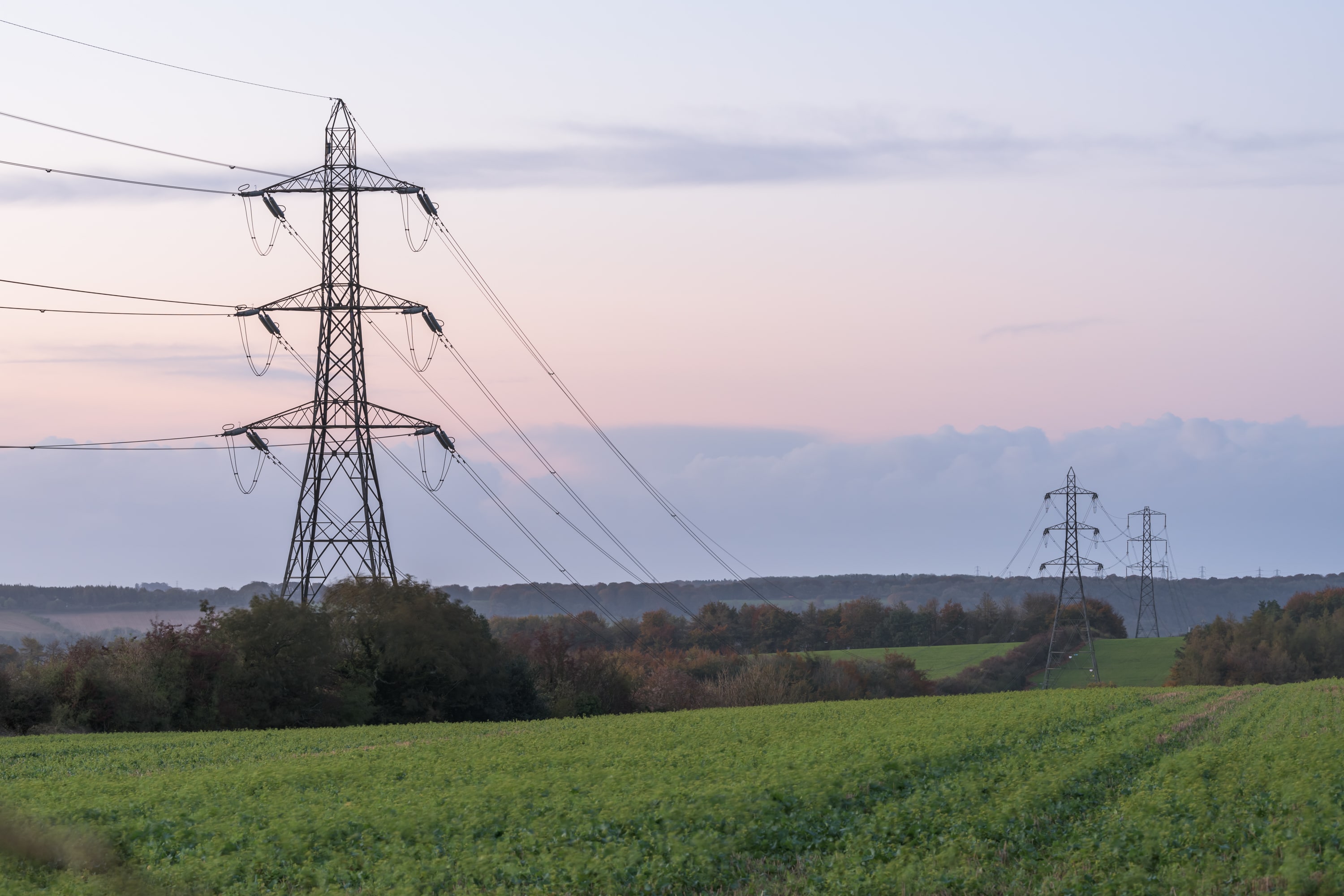 Photo of three National Grid pylons running across Cleeve Hill in the Cotswolds National Landscape