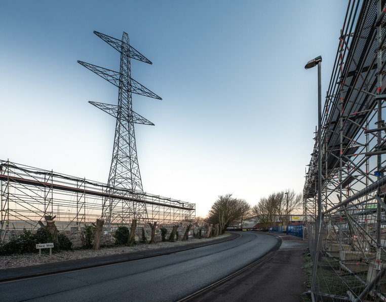 Preparations for stringing of new electricity overhead lines to new pylons along a road