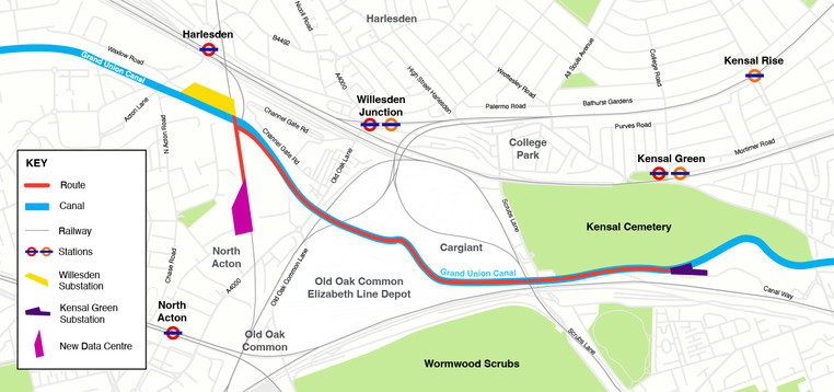 Map of Willesden to Kensal Green substation connection route