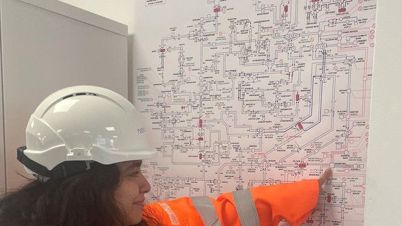 National Grid's Tanya Bukhari wearing PPE and pointing at a diagram on the wall