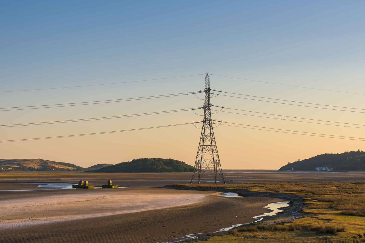 A pylon in the Dwyryd Estuary in Snowdonia National Park