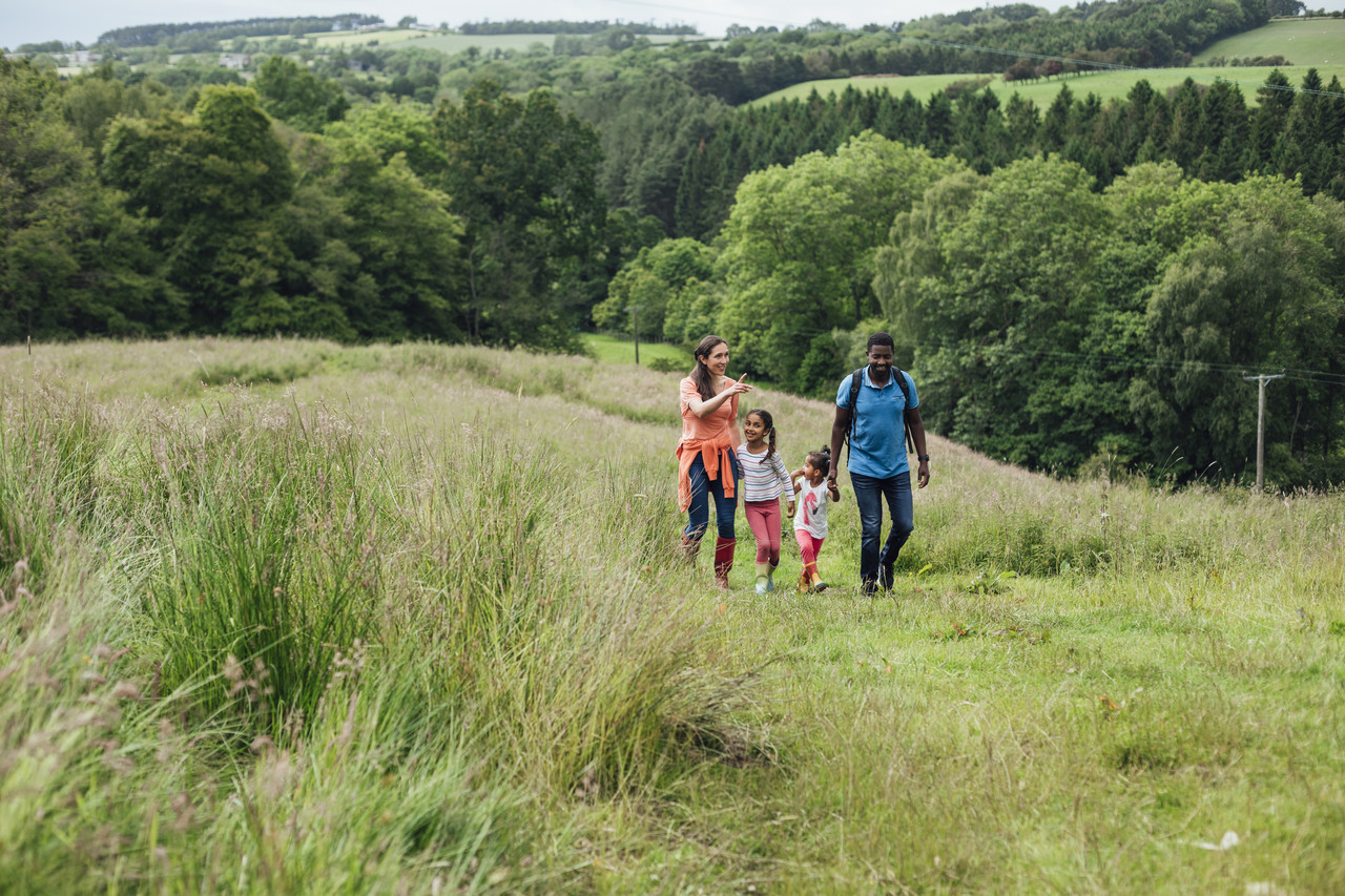 family walking in a field