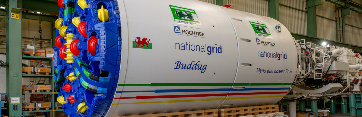 Eryri VIP Tunnel Boring Machine with National Grid livery in Germany waiting to be transported to North Wales