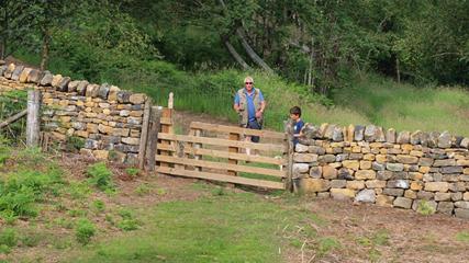 Man and boy by gate in dry-stone wall, North York Moors - 427x240 Man and boy coming towards wooden gate in a dry-stone wall
