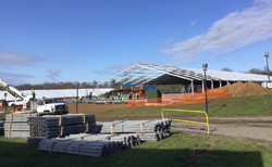 Building field hospital at SUNY Old Westbury on Long Island, US - used for the National Grid story 'Powering healthcare in New York'