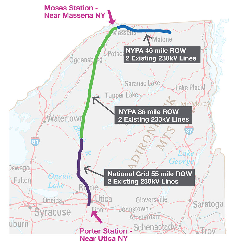 Map showing existing power lines between Moses Station and Porter Station in New York state