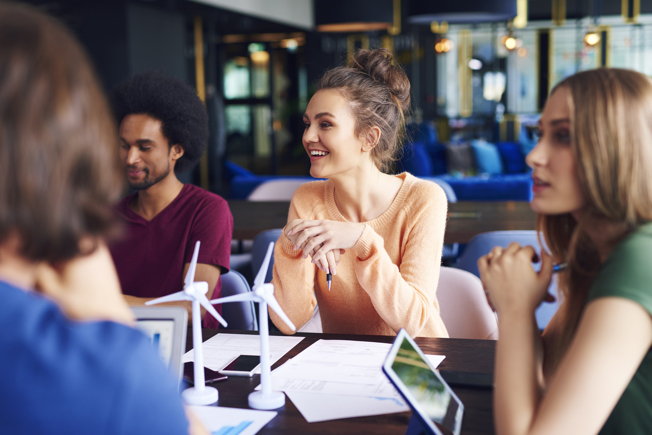 Young group of people in discussion around wind energy