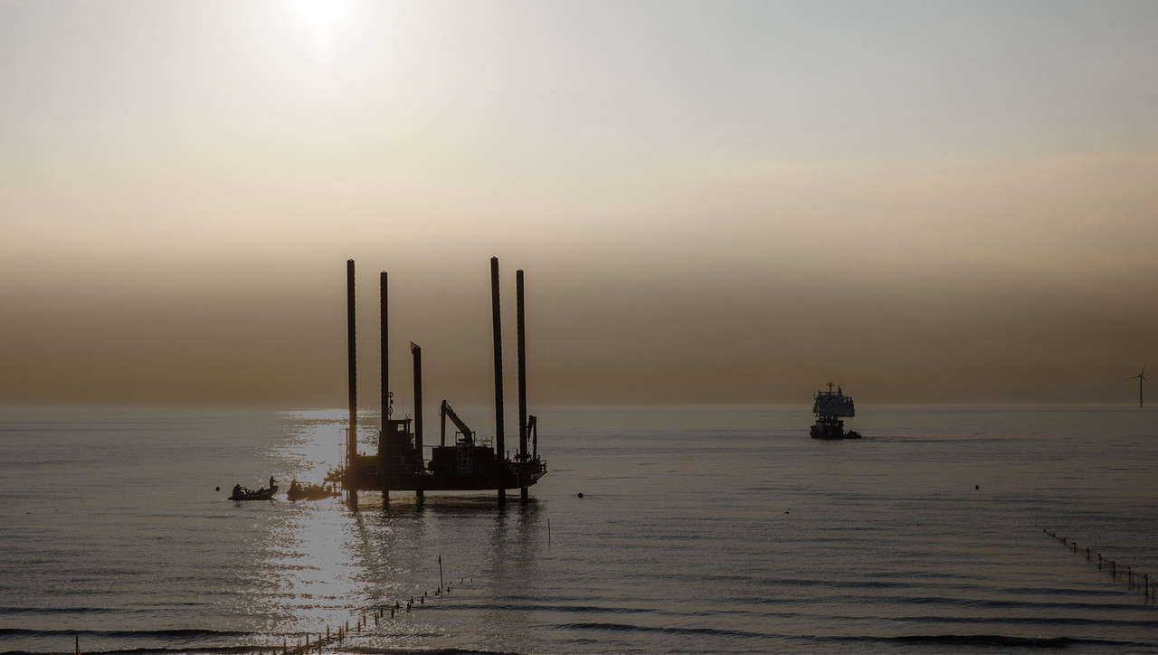 Barge in the sea working on the cable pull for the North Sea Link interconnector