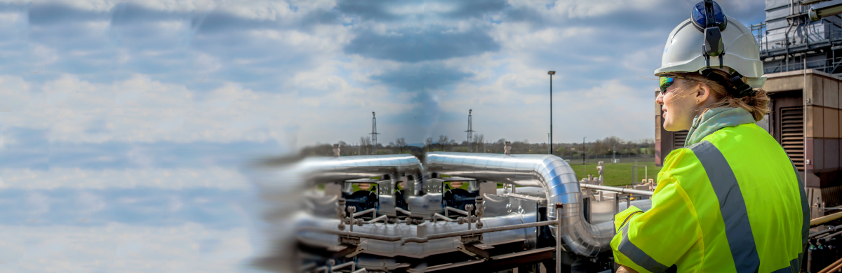 A National Grid worker looking out with an industrial building and a blue sky in the background 